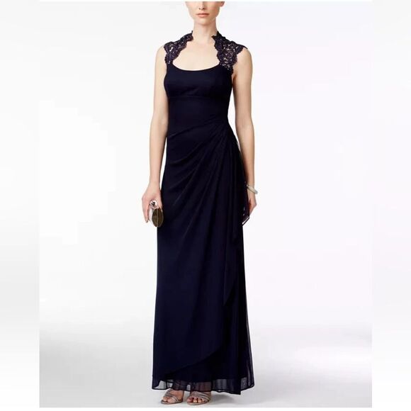 Xscape Stand-Collar Illusion Back Navy Blue Formal Gown Size 16W Ruched Lace NEW - Picture 8 of 16